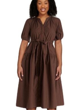Relaxed Brown Midi Dress with Tie Waist - Women